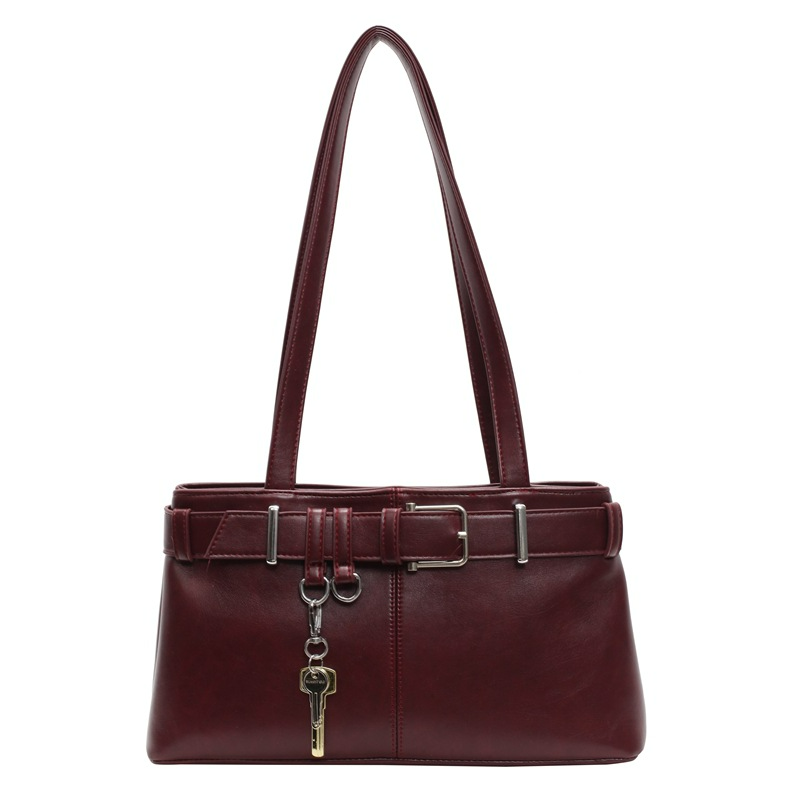 Damen Handtasche im Retro-Stil ⎜ Elegante Schultertasche mit Riemendetail und Schlüsselanhänger für Büro und Alltag