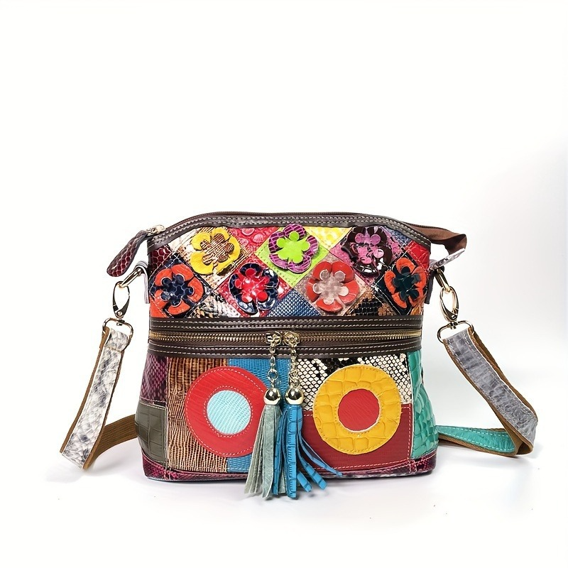 Damen Umhängetasche Aus Echtleder ⎜ Bunte Tasche Mit Blumen Und Fransen Für Alltag