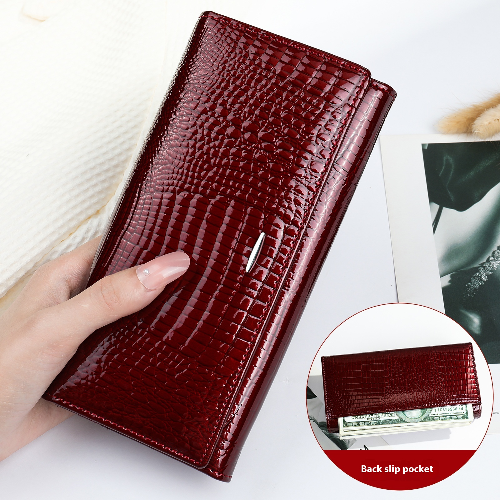 Damen Geldbörse aus Echtleder ⎜ Lange Portemonnaie im Krokodilleder-Look mit mehreren Kartenfächern