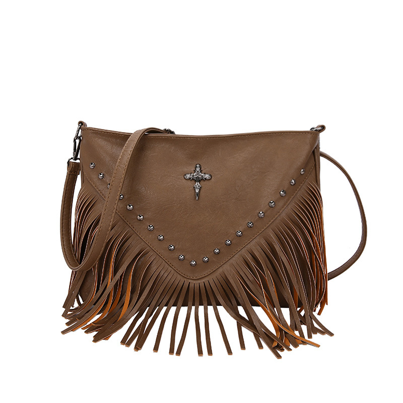 Umhängetasche für Damen ⎜ Modische Schultertasche mit Fransen und Nieten für Freizeit und Festival-Look