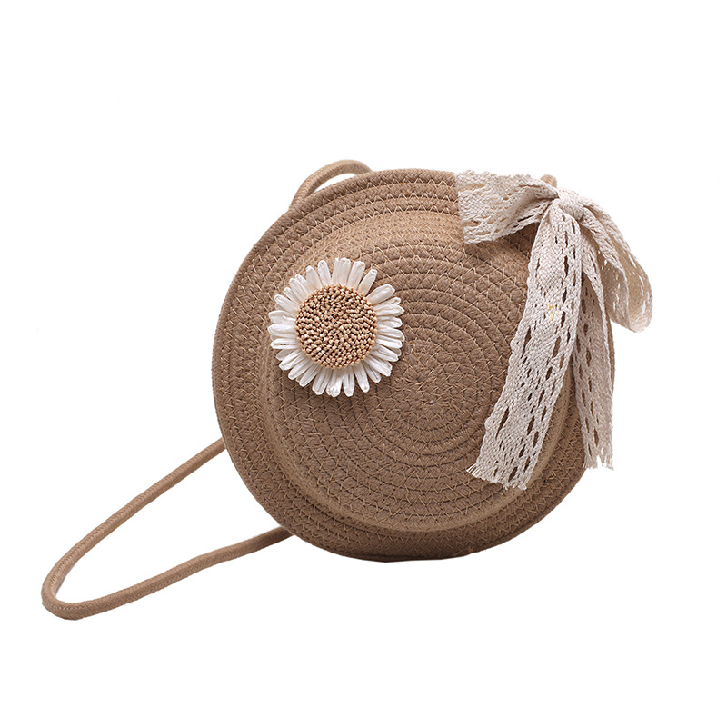 Umhängetasche aus Stroh für Damen ⎜ Runde Flechtoptik mit Blume und Schleife für sommerliche Outfits und Freizeit