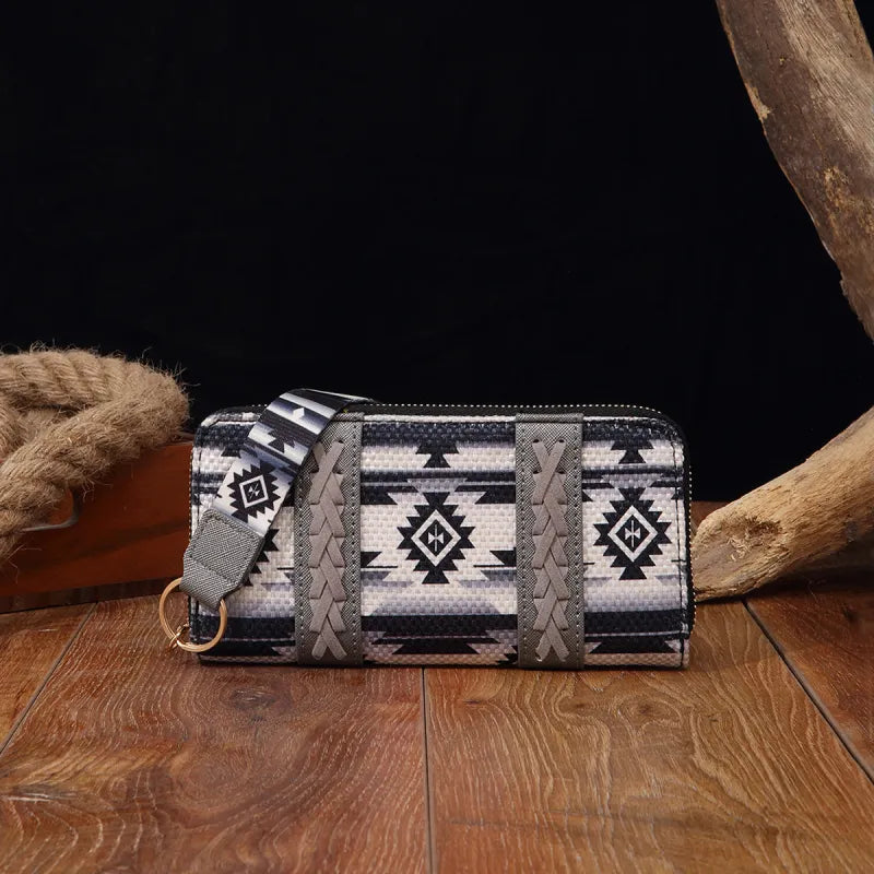 Damen Geldbörse im Boho-Stil ⎜ Handliche Brieftasche aus Stoff mit Reißverschluss und praktischem Trageband