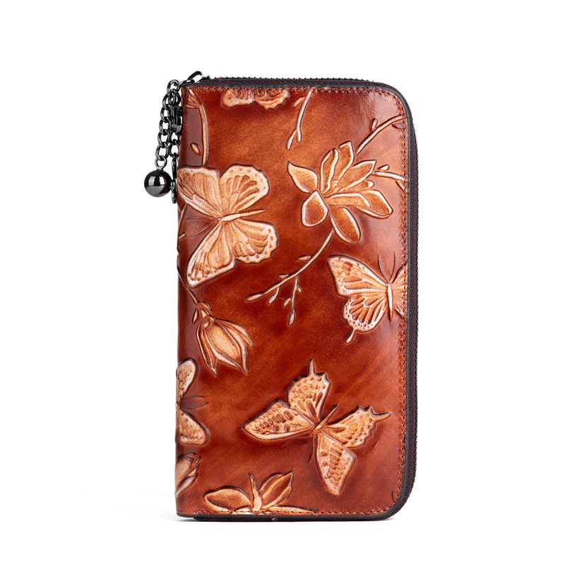 Damen Clutch aus Echtleder ⎜ Vintage Geldbörse mit Schmetterlingsprägung und abnehmbarem Handriemen