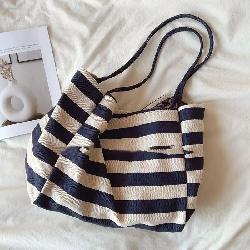 Shopper Tasche für Damen ⎜ Gestreifte Canvas-Tasche mit Kordelgriffen und viel Platz für Alltag und Freizeit