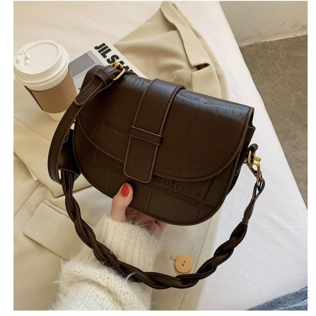 Damen Schultertasche mit Flechtgriff ⎜ Elegante Umhängetasche in Steinoptik mit praktischem Verschluss
