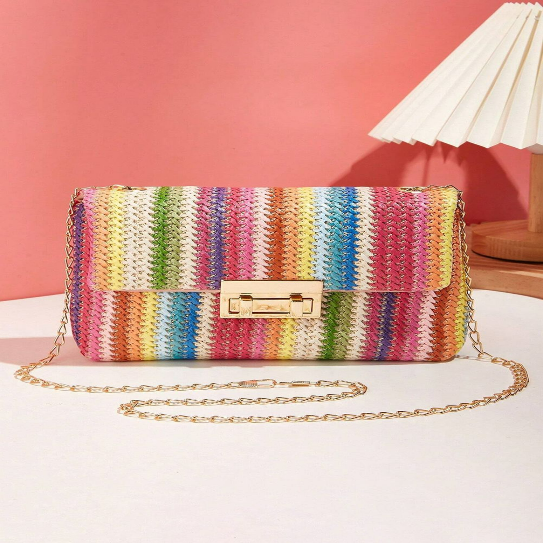 Umhängetasche für Damen ⎜ Bunte Strohtasche mit Kettenriemen und Schnappverschluss für Sommer und Freizeit