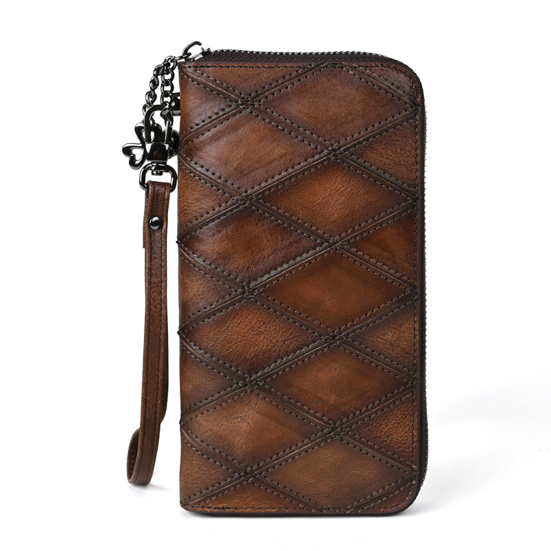 Damen Handy Tasche mit Reißverschluss ⎜ Lange Geldbörse aus Leder mit Rautenmuster und viel Stauraum