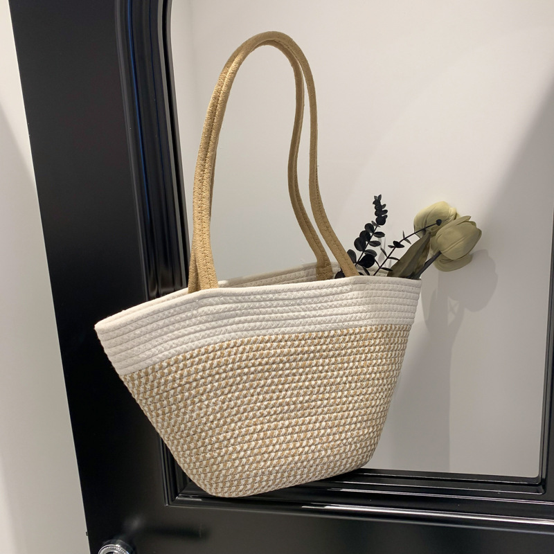 Stroh-Handtasche im Frühlings-Design ⎜ Große Kapazität mit Modernem Kontrastfarben-Look