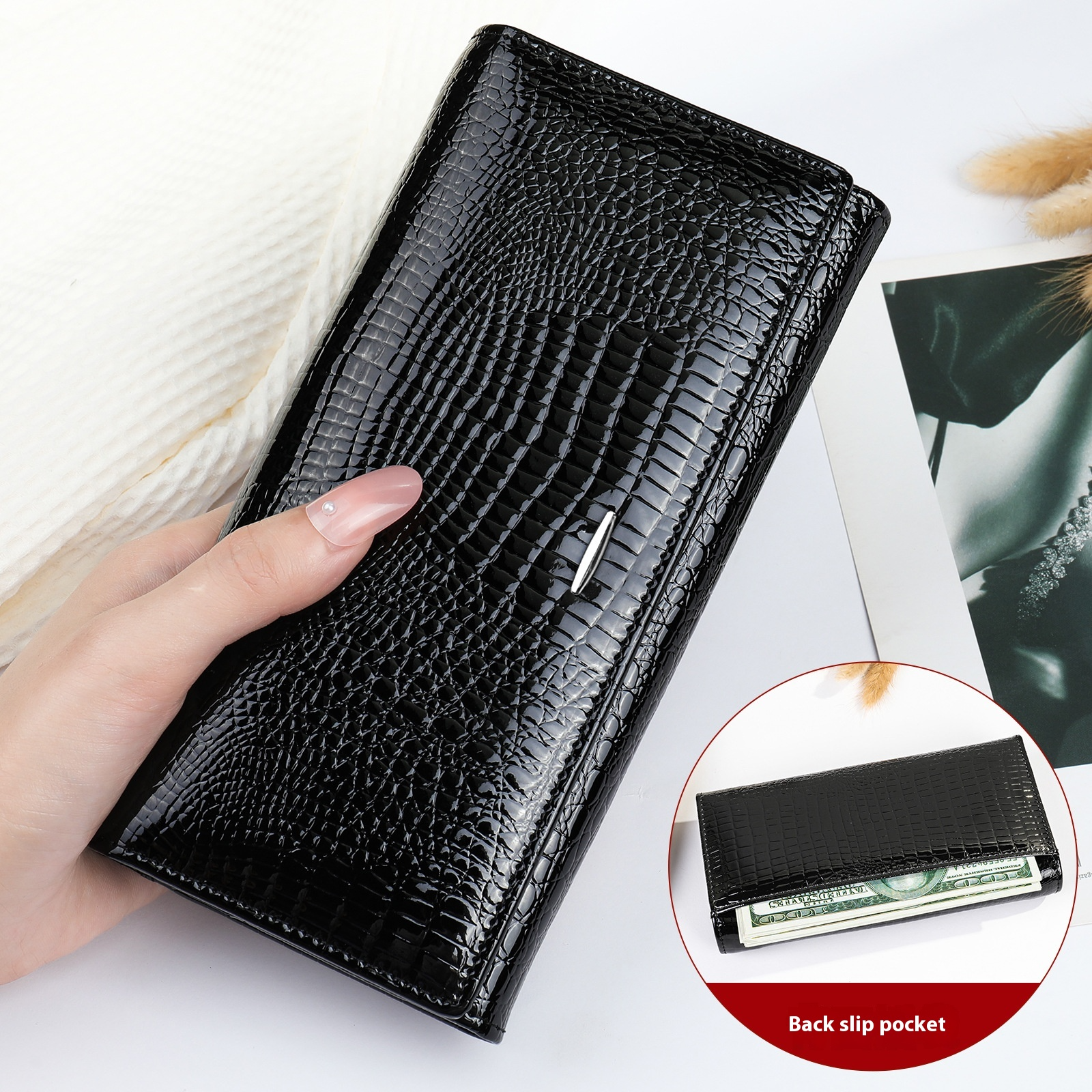Damen Geldbörse aus Echtleder ⎜ Lange Portemonnaie im Krokodilleder-Look mit mehreren Kartenfächern