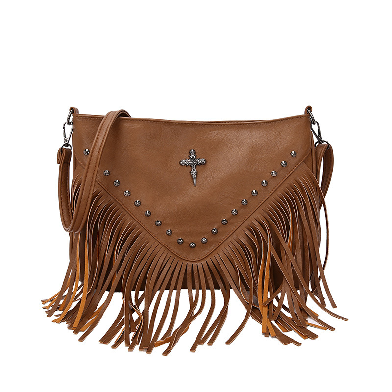 Umhängetasche für Damen ⎜ Modische Schultertasche mit Fransen und Nieten für Freizeit und Festival-Look