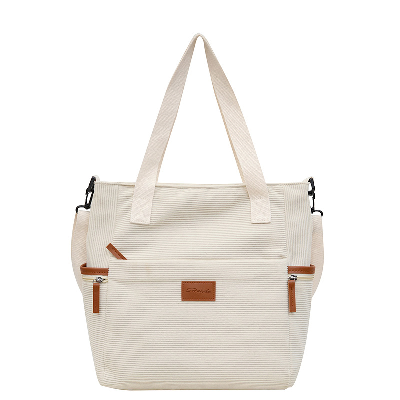 Beige Tote Bag für Damen ⎜ Robuste Cord-Tasche mit Leder-Details und Verstellbarem Schulterriemen