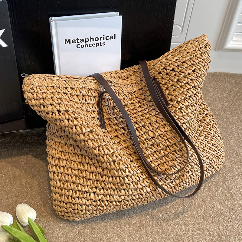Strandtasche für Damen ⎜ Geflochtene Schultertasche mit Reißverschluss und großer Kapazität für Sommer und Freizeit