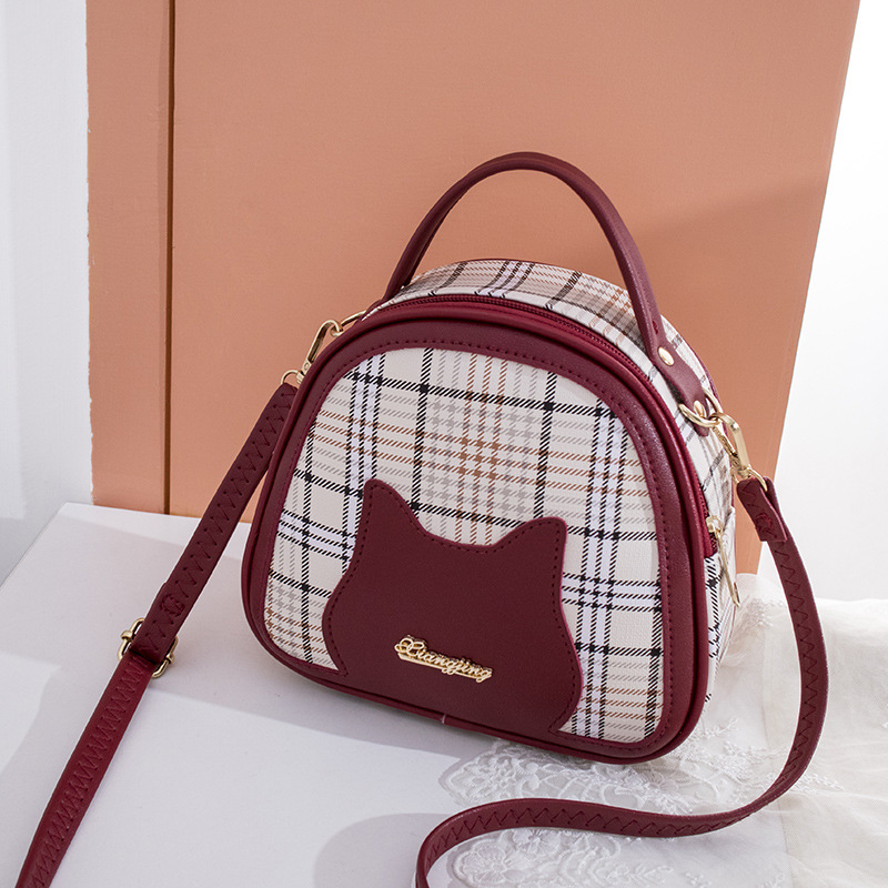 Umhängetasche für Damen ⎜ Karierte Schultertasche mit Katzenmotiv und Tragegriff für Alltag und Freizeit