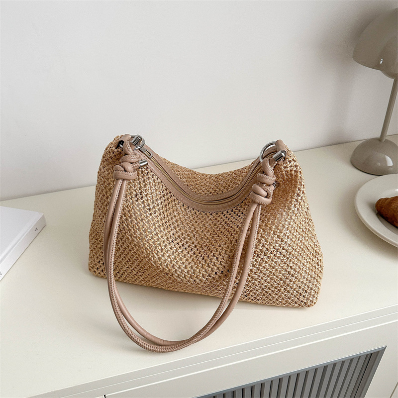 Damen Schultertasche aus Strohmaterial ⎜ Leichte Sommertasche mit Retro-Charme für Alltag und Ausflüge