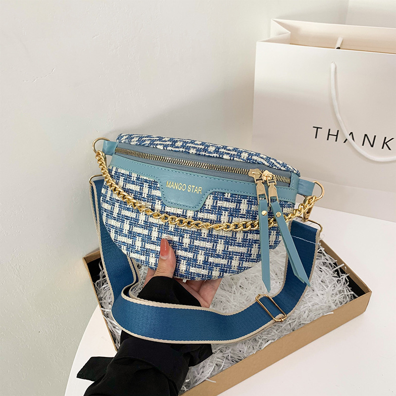 Damen Schultertasche mit Kettenriemen ⎜ Modisches Tweed-Design mit Reißverschluss und breitem Tragegurt