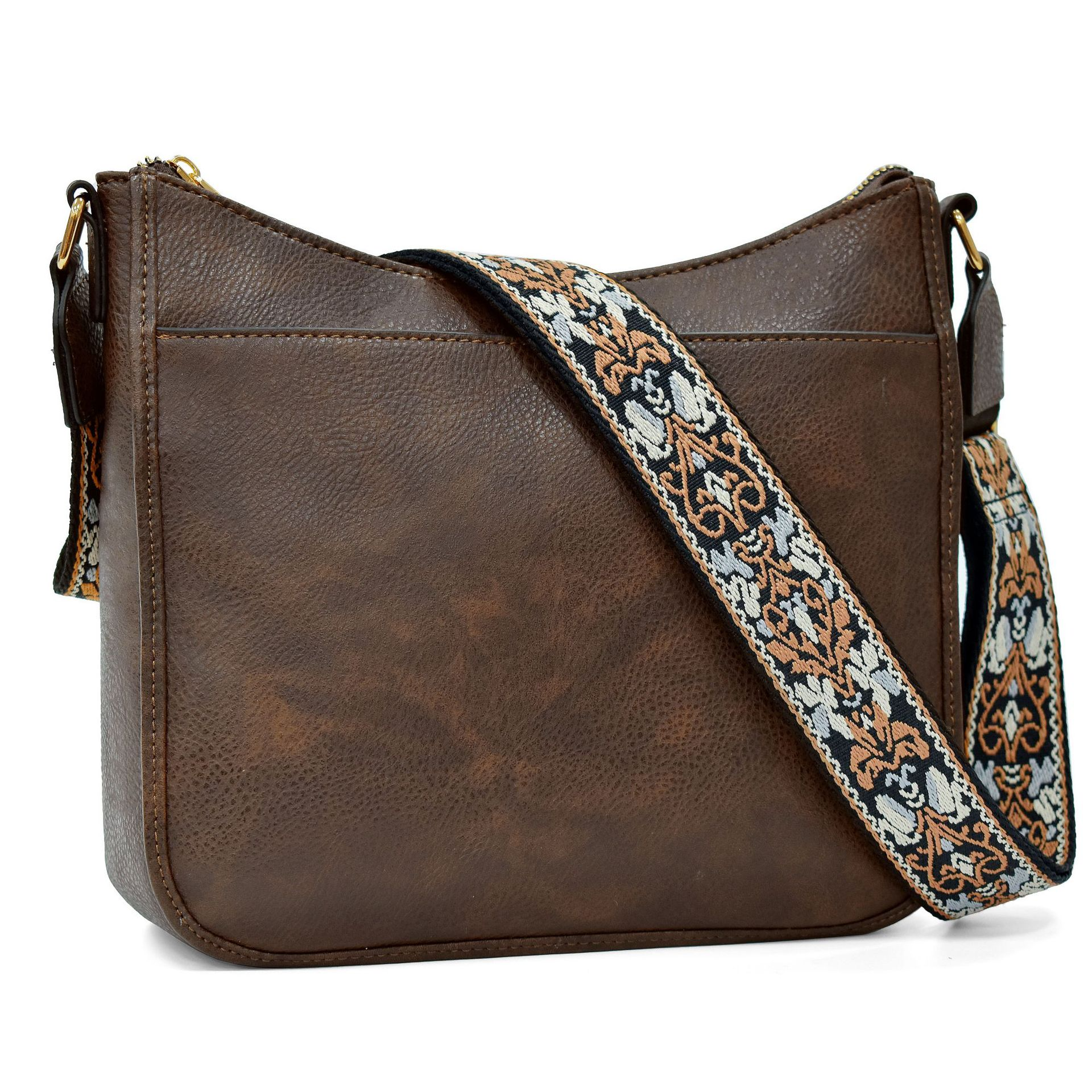 Damen Umhängetasche im Retro-Look ⎜ Schlichte Schultertasche mit gemustertem Gurt und großem Hauptfach
