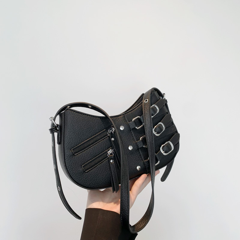 Schultertasche für Damen ⎜ Retro Halbmondtasche mit Schnallendetails und Reißverschlüssen für auffällige Street-Styles
