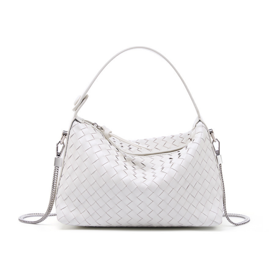 Schultertasche für Damen ⎜ Stilvolle Halbmondtasche aus Echtleder mit geflochtener Oberfläche und Metallkette