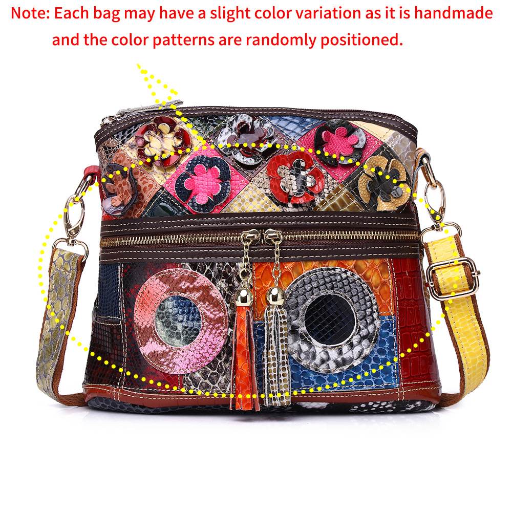 Damen Umhängetasche Aus Echtleder ⎜ Bunte Tasche Mit Blumen Und Fransen Für Alltag
