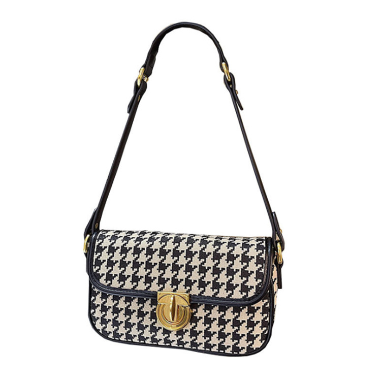 Damen Baguette Tasche ⎜ Schultertasche mit Hahnentrittmuster und Drehverschluss für stilvolle Outfits
