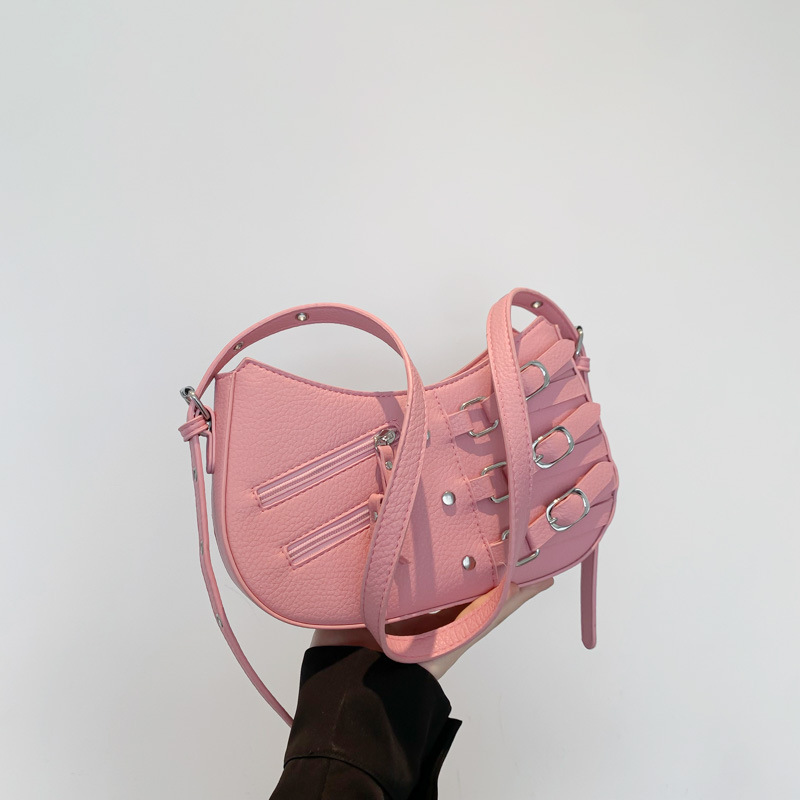 Schultertasche für Damen ⎜ Retro Halbmondtasche mit Schnallendetails und Reißverschlüssen für auffällige Street-Styles