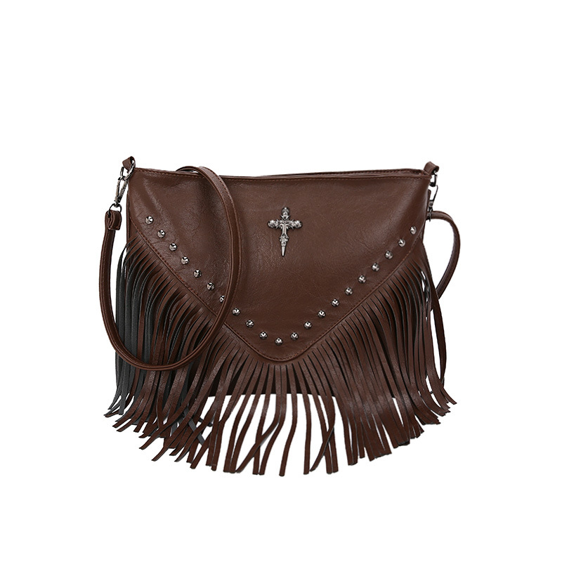 Umhängetasche für Damen ⎜ Modische Schultertasche mit Fransen und Nieten für Freizeit und Festival-Look