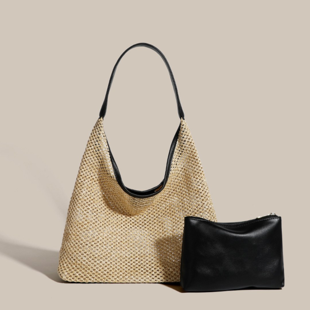 Strandtasche aus Strohgeflecht ⎜ Große Schultertasche mit Retro-Design und Innenfach aus Kunstleder