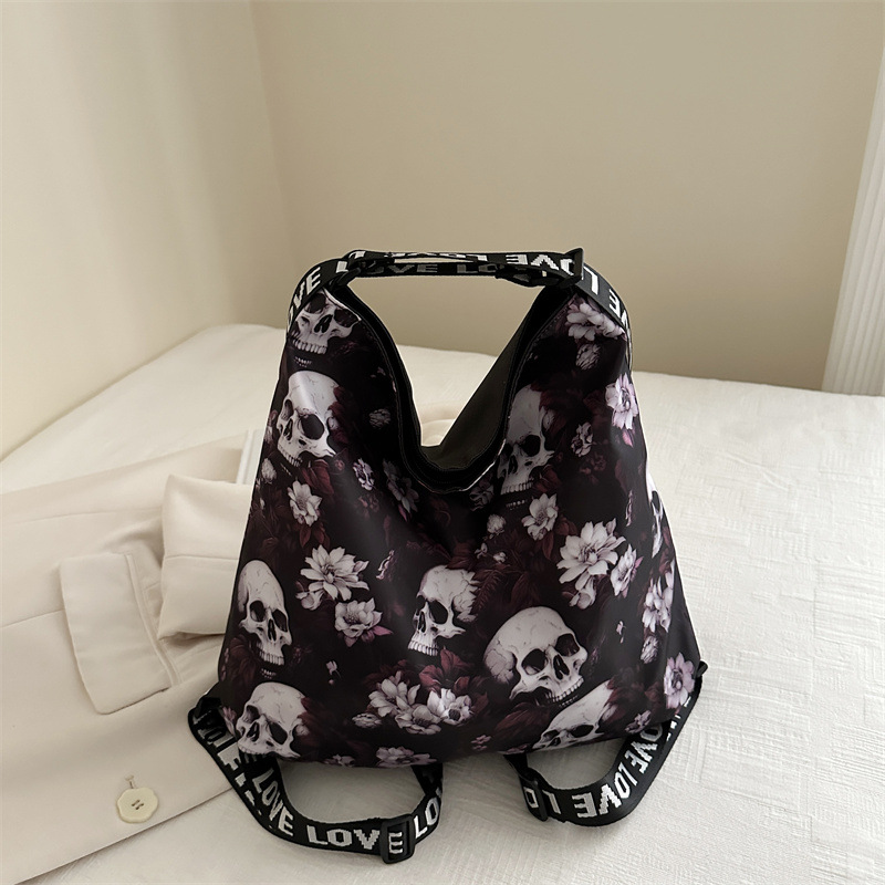 Schultertasche für Damen ⎜ Kreative Nylon-Tasche mit Totenkopf-Muster und großem Fassungsvermögen