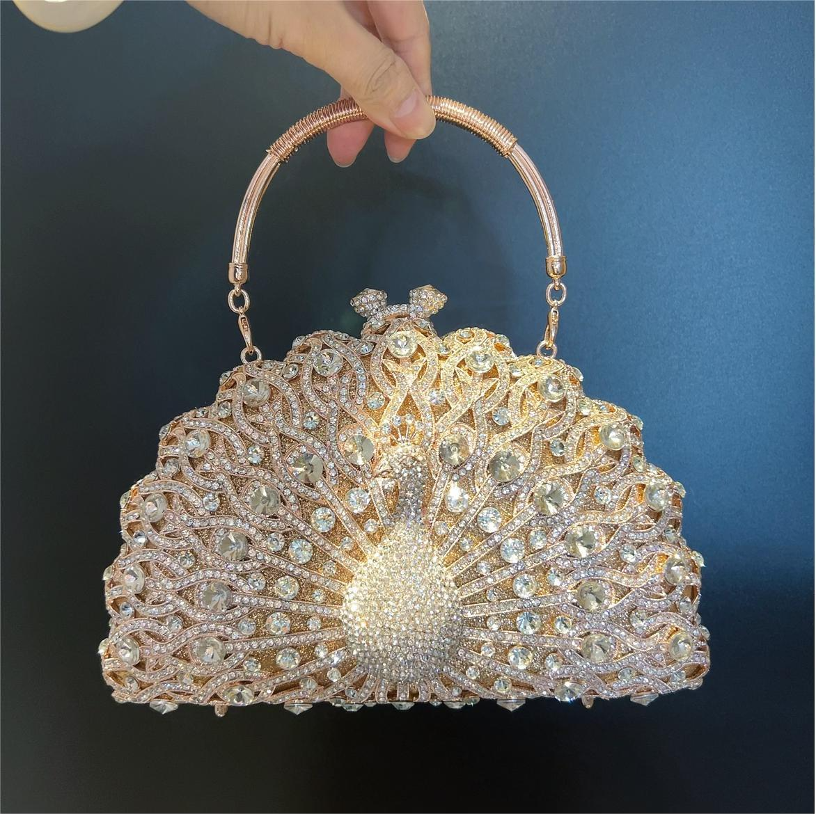 Abendtasche für Damen ⎜ Luxuriöse Pfau-Design Clutch mit funkelnden Kristallen und elegantem Griff