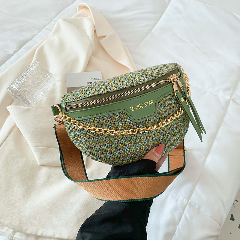 Damen Schultertasche mit Kettenriemen ⎜ Modisches Tweed-Design mit Reißverschluss und breitem Tragegurt
