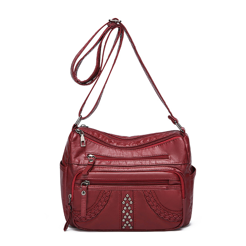 Umhängetasche für Damen ⎜ Mehrlagige Schultertasche aus Lederoptik mit Nieten und Fächern für Alltag und Freizeit