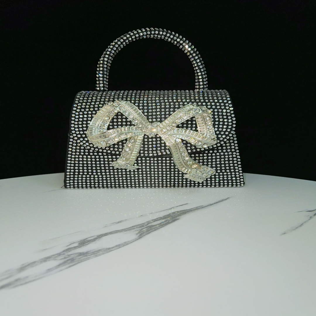 Abendtasche mit Strassbesatz ⎜ Glitzernde Handtasche für Damen mit Schleifendetail und Abnehmbarem Schulterriemen