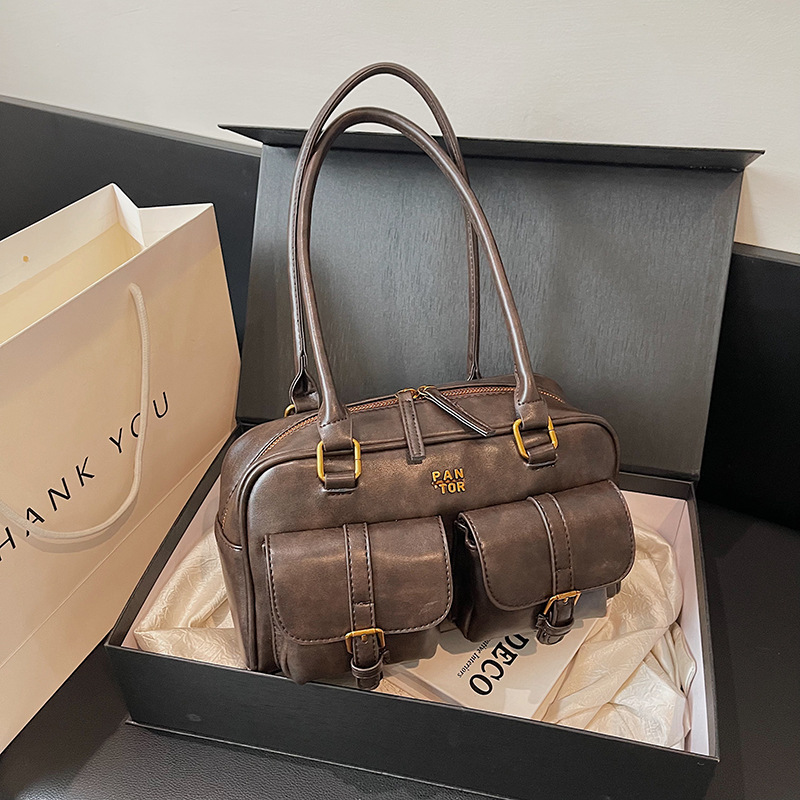Damen Schultertasche Vintage ⎜ Geräumige Boston-Tasche mit Zwei Frontfächern und Stabilem Grif