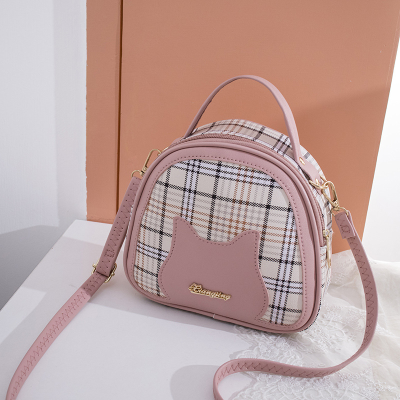 Umhängetasche für Damen ⎜ Karierte Schultertasche mit Katzenmotiv und Tragegriff für Alltag und Freizeit