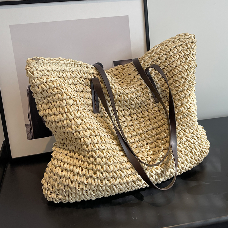 Strandtasche für Damen ⎜ Geflochtene Schultertasche mit Reißverschluss und großer Kapazität für Sommer und Freizeit