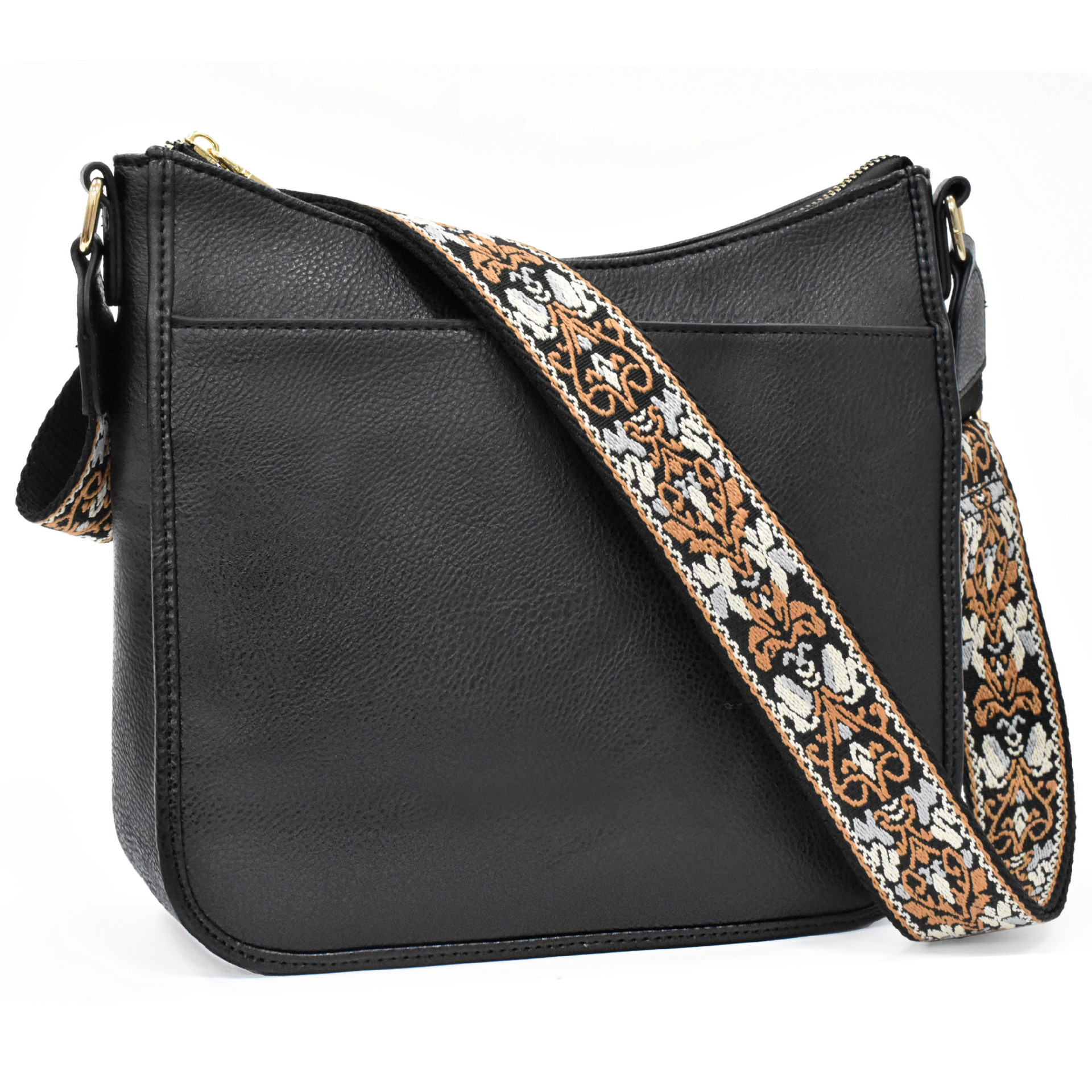 Damen Umhängetasche im Retro-Look ⎜ Schlichte Schultertasche mit gemustertem Gurt und großem Hauptfach