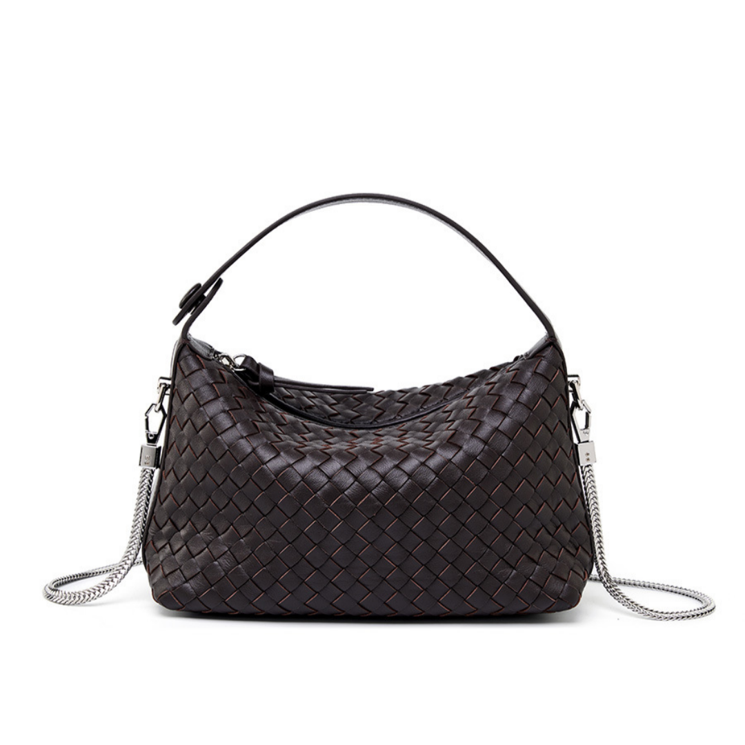 Schultertasche für Damen ⎜ Stilvolle Halbmondtasche aus Echtleder mit geflochtener Oberfläche und Metallkette
