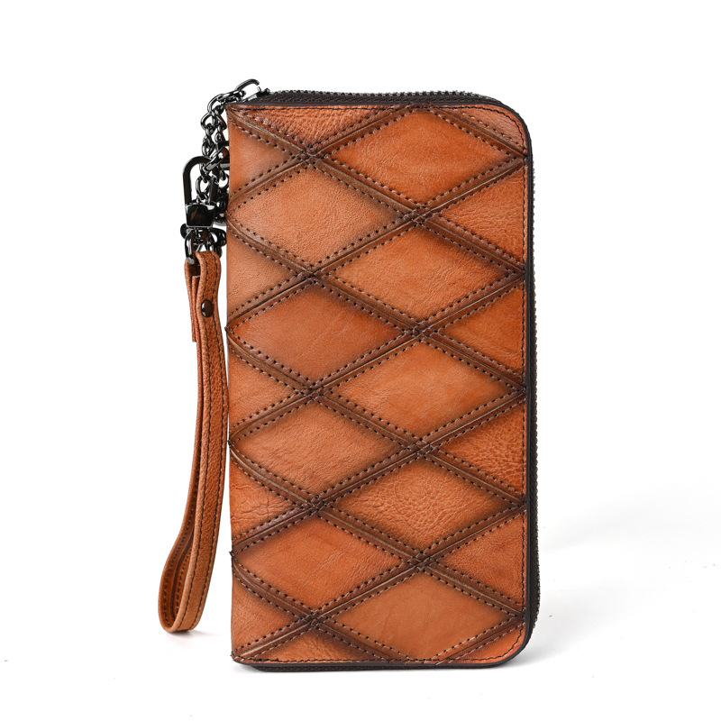 Damen Handy Tasche mit Reißverschluss ⎜ Lange Geldbörse aus Leder mit Rautenmuster und viel Stauraum