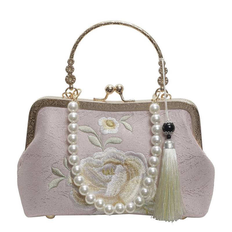 Stickerei Handtasche im Chinesischen Stil ⎜ Elegante Clutch mit Perlenhenkel und Traditionellem Blumenmuster