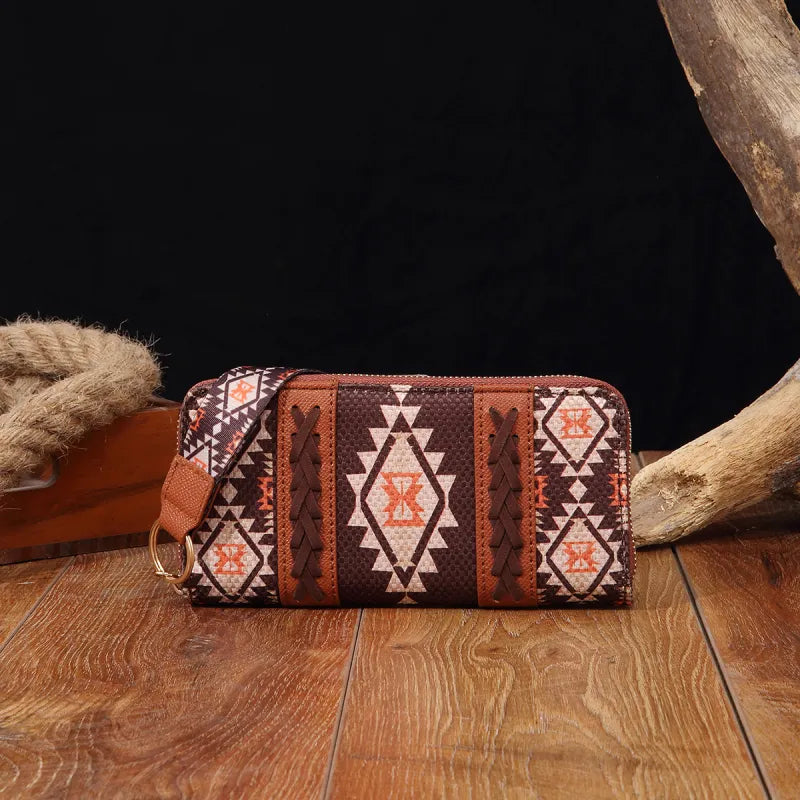 Damen Geldbörse im Boho-Stil ⎜ Handliche Brieftasche aus Stoff mit Reißverschluss und praktischem Trageband