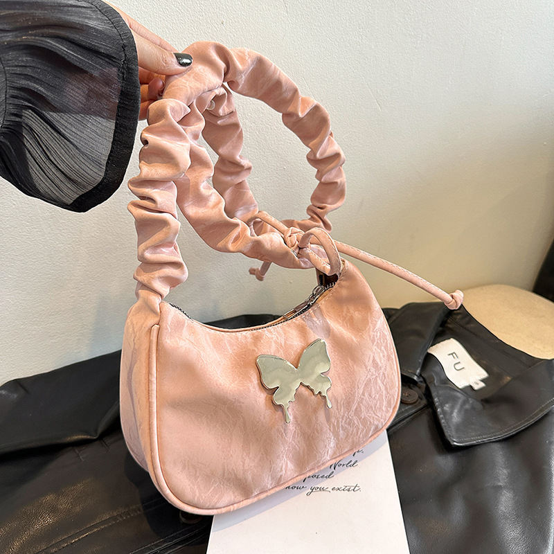 Schultertasche für Damen ⎜ Modische Umhängetasche mit Rüschenriemen und Schmetterlingsmotiv