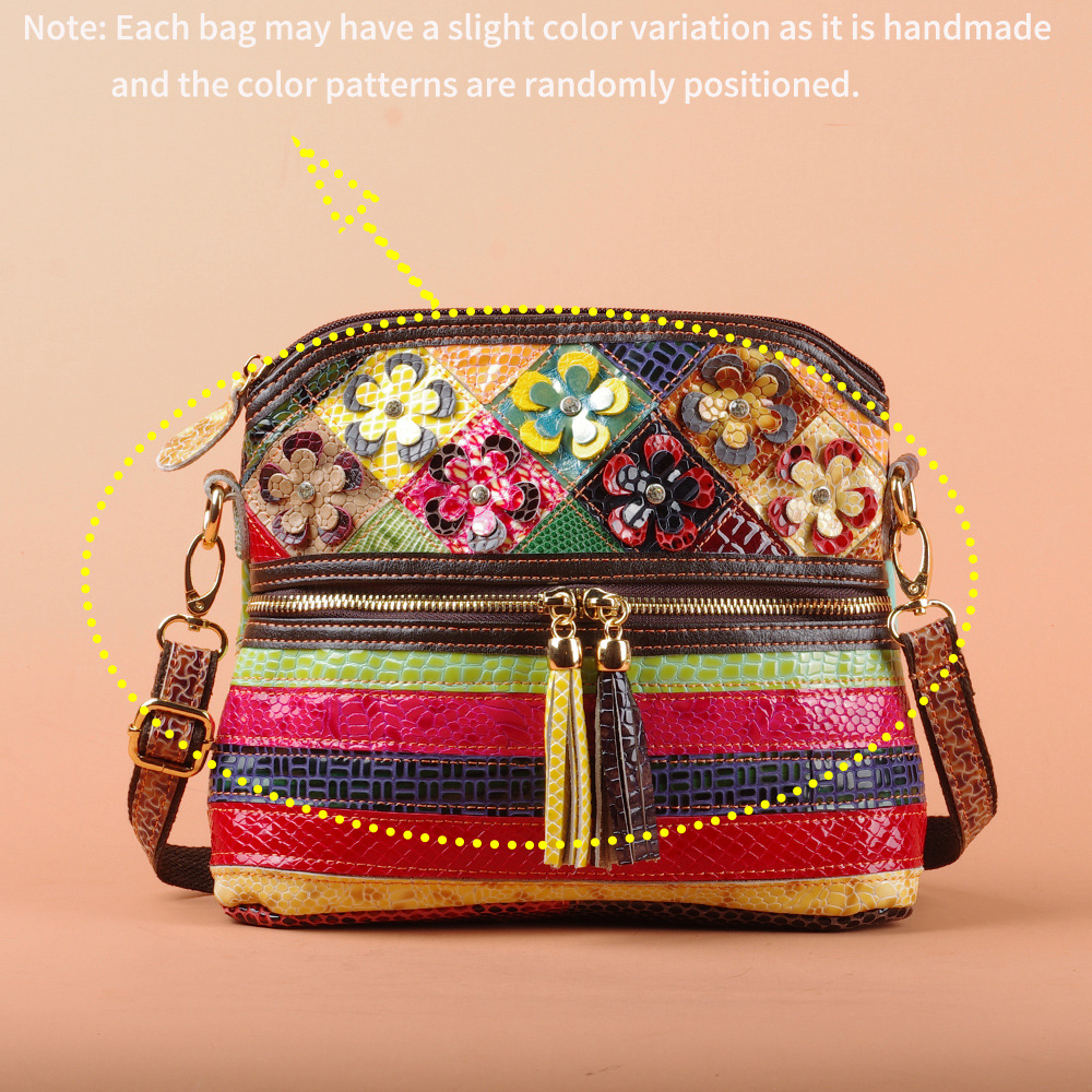Damen Umhängetasche Aus Echtleder ⎜ Bunte Tasche Mit Blumen Und Fransen Für Alltag