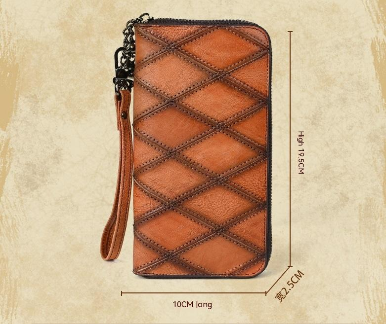 Damen Handy Tasche mit Reißverschluss ⎜ Lange Geldbörse aus Leder mit Rautenmuster und viel Stauraum