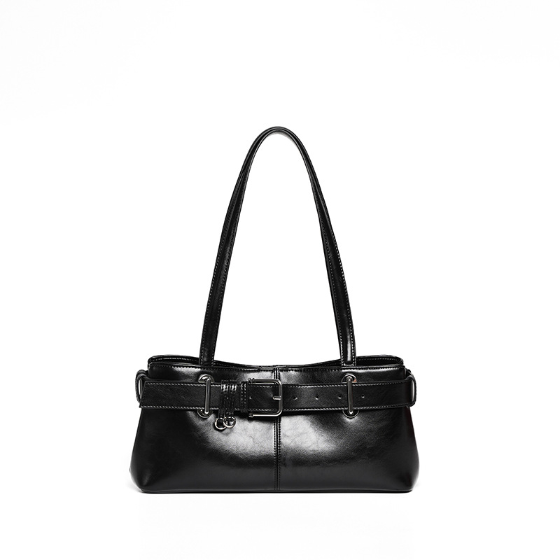 Damen Handtasche im Retro-Stil ⎜ Elegante Schultertasche mit Riemendetail und Schlüsselanhänger für Büro und Alltag