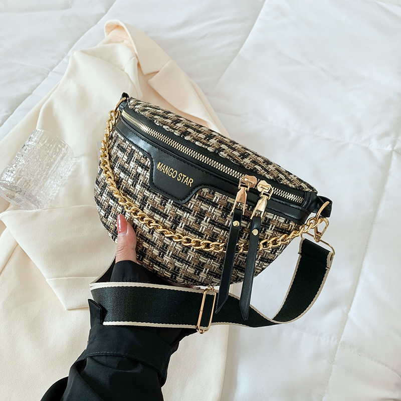 Damen Schultertasche mit Kettenriemen ⎜ Modisches Tweed-Design mit Reißverschluss und breitem Tragegurt