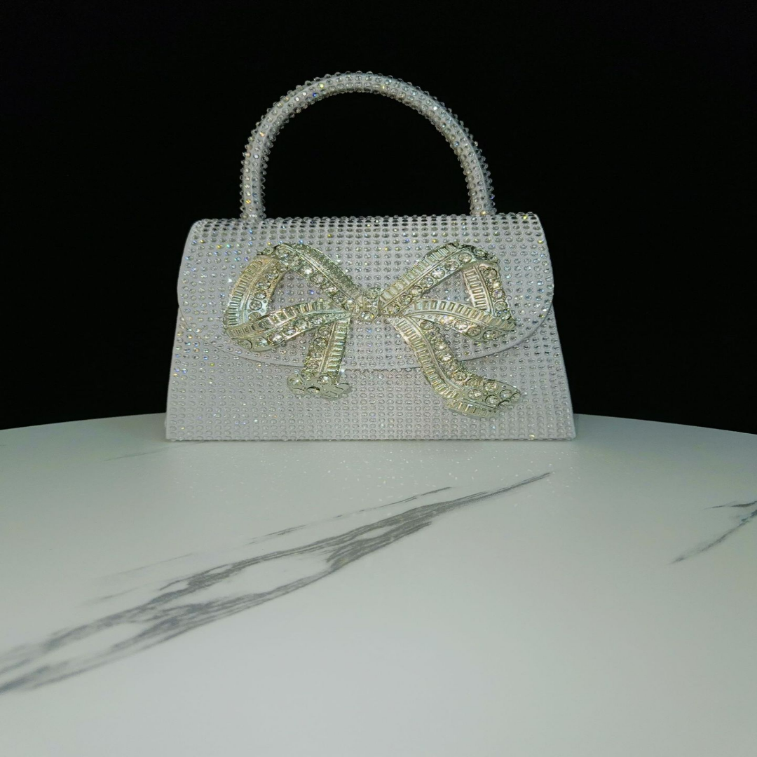 Abendtasche mit Strassbesatz ⎜ Glitzernde Handtasche für Damen mit Schleifendetail und Abnehmbarem Schulterriemen