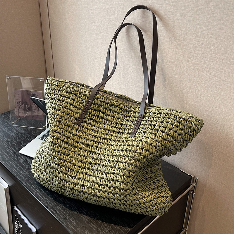 Strandtasche für Damen ⎜ Geflochtene Schultertasche mit Reißverschluss und großer Kapazität für Sommer und Freizeit