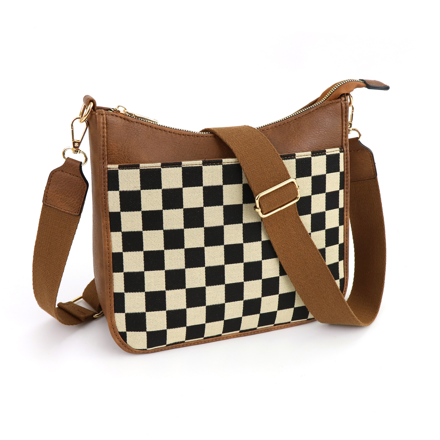 Damen Umhängetasche im Retro-Look ⎜ Schlichte Schultertasche mit gemustertem Gurt und großem Hauptfach