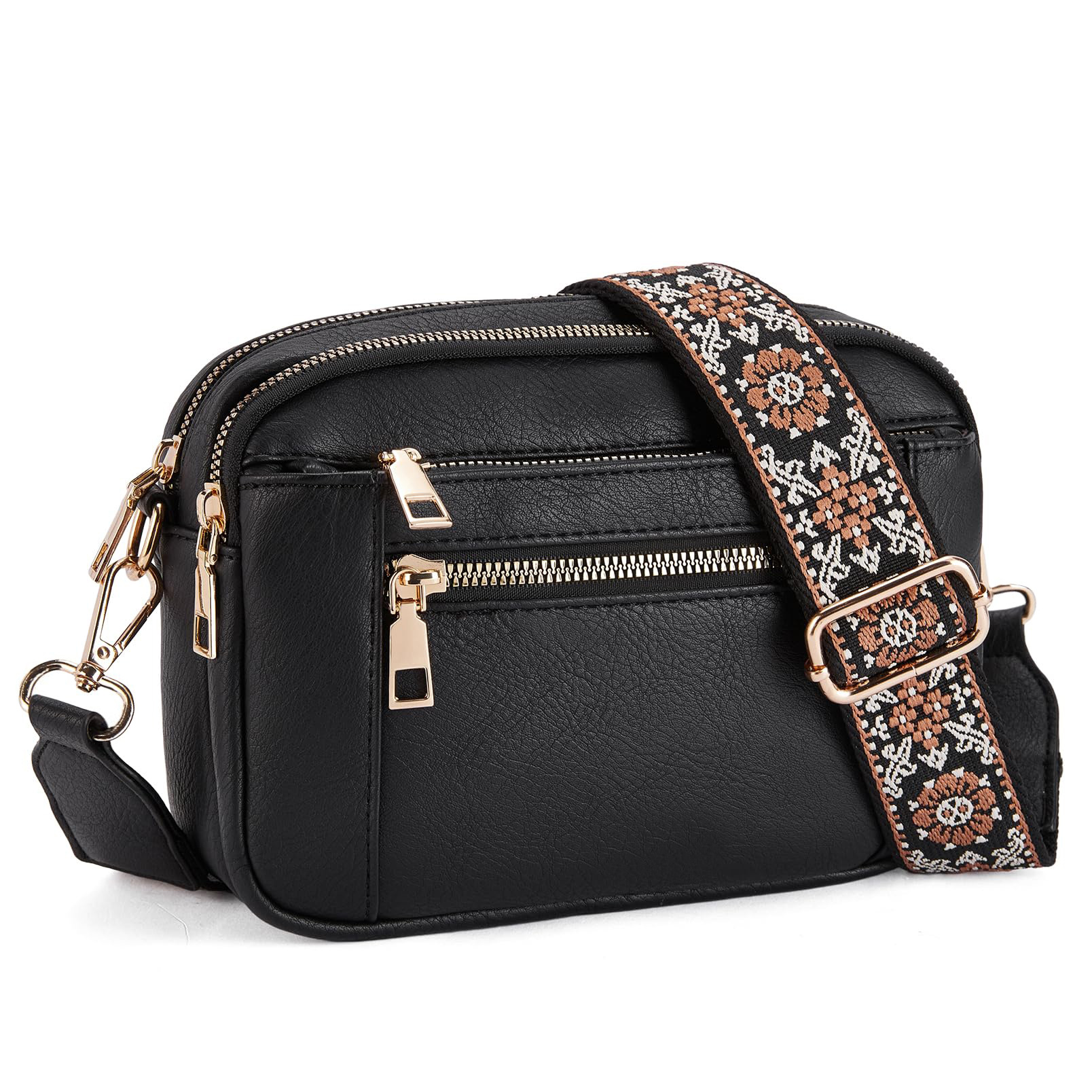 Umhängetasche für Damen ⎜ Kompakte Crossbody Tasche mit mehreren Reißverschlussfächern und breitem Ethno-Riemen