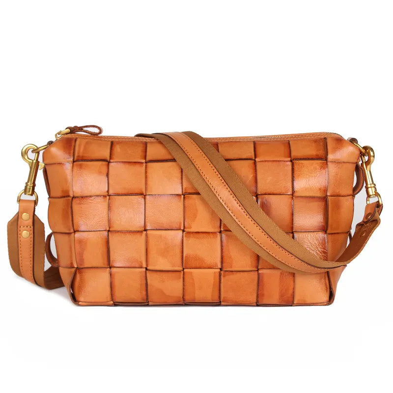 Umhängetasche für Damen ⎜ Geflochtene Ledertasche mit breitem Riemen und Reißverschluss für Alltag und Freizeit